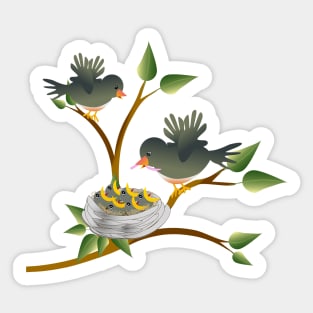 Bird with a worm perched on a tree with nest with young nestlings chirping for food. Sticker